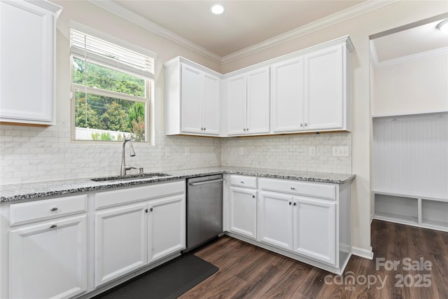 15213 Red Canoe Way, Charlotte, NC 28278 - kitchen featuring dishwasher, white cabinets, dark wood finished floors, light stone countertops, and ornamental molding