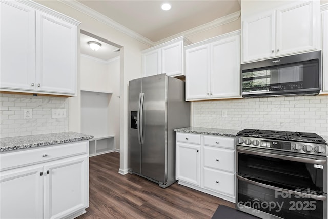 15213 Red Canoe Way, Charlotte, NC 28278 - kitchen featuring stainless steel appliances, light stone countertops, crown molding, white cabinetry, and decorative backsplash