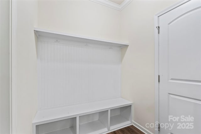 15213 Red Canoe Way, Charlotte, NC 28278 - mudroom with crown molding and dark wood-style floors