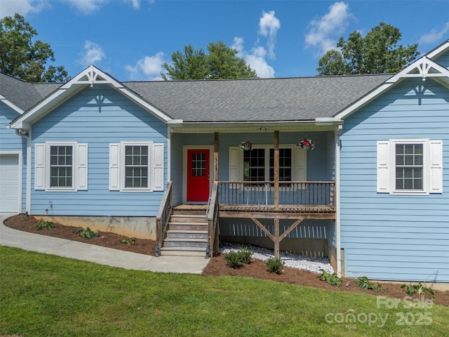 321 Benjamins Way Unit 48, Hendersonville, NC 28792 - ranch-style house with a porch, a front yard, a shingled roof, and a garage