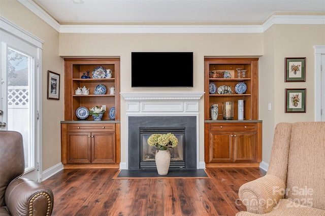 13714 Morehouse St, Huntersville, NC 28078 - living area featuring dark wood-style floors, crown molding, and a fireplace with flush hearth
