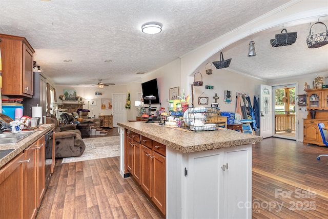 824 Brevard Place Rd, Iron Station, NC 28080 - kitchen featuring open floor plan, a textured ceiling, dark wood-style floors, ceiling fan, and a kitchen island