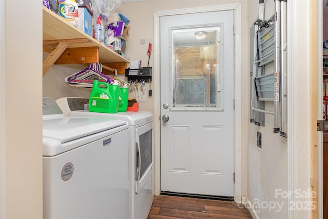 824 Brevard Place Rd, Iron Station, NC 28080 - laundry room with washing machine and clothes dryer and dark wood-type flooring