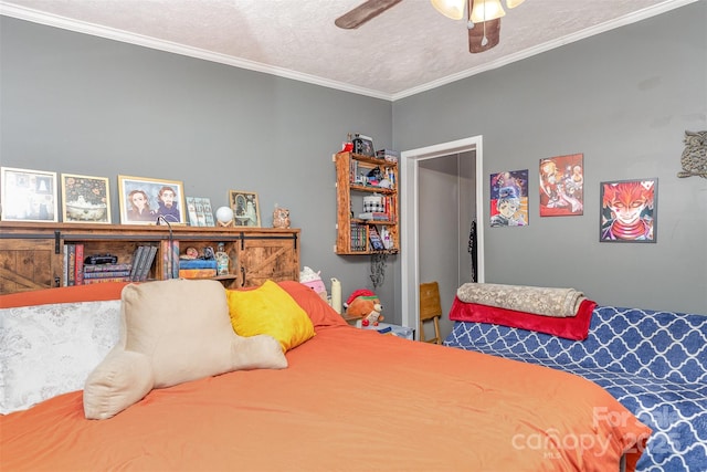 824 Brevard Place Rd, Iron Station, NC 28080 - bedroom featuring ornamental molding, a textured ceiling, and a ceiling fan