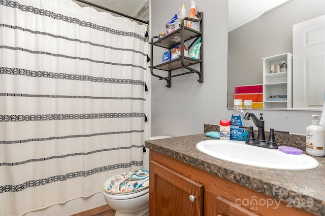 824 Brevard Place Rd, Iron Station, NC 28080 - full bathroom featuring vanity, crown molding, and a shower with curtain