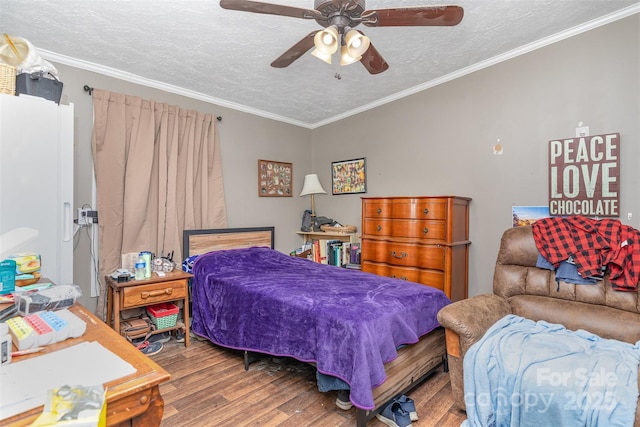 824 Brevard Place Rd, Iron Station, NC 28080 - bedroom featuring wood finished floors, a textured ceiling, crown molding, and ceiling fan