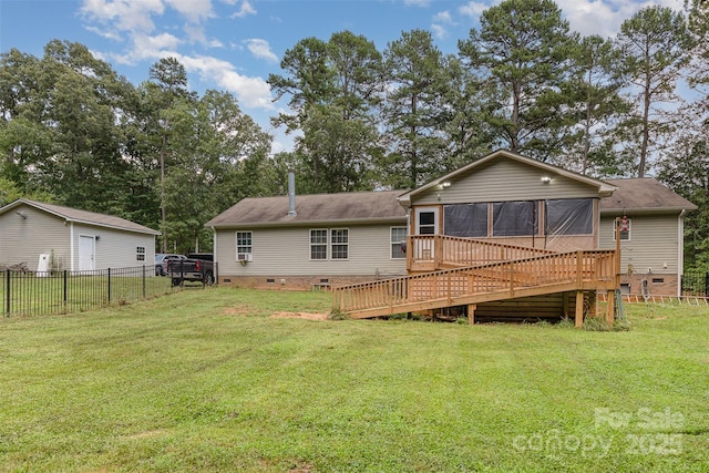 824 Brevard Place Rd, Iron Station, NC 28080 - rear view of house featuring crawl space, a sunroom, roof with shingles, and a deck