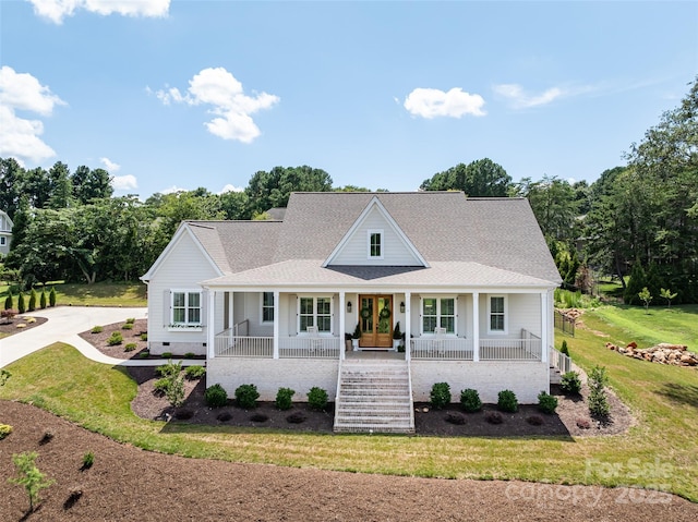 416 Yorkfield Dr, Shelby, NC 28150 - view of front facade with covered porch, a front lawn, stairs, and french doors