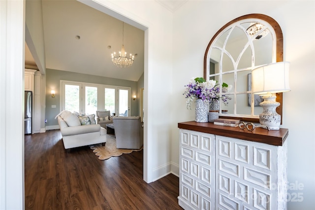 416 Yorkfield Dr, Shelby, NC 28150 - interior space featuring dark wood-style floors, a chandelier, and high vaulted ceiling