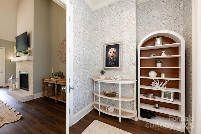 416 Yorkfield Dr, Shelby, NC 28150 - detailed view of wood finished floors, a brick fireplace, and ornamental molding
