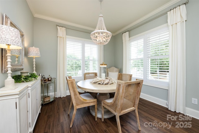 416 Yorkfield Dr, Shelby, NC 28150 - dining area with crown molding, dark wood-style flooring, a chandelier, and healthy amount of natural light