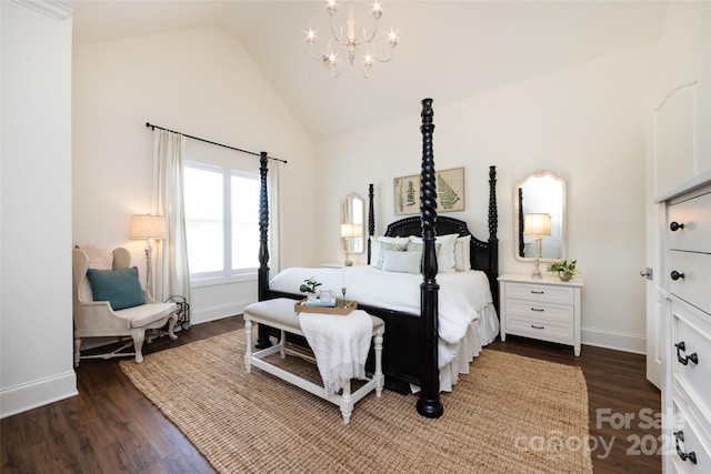 416 Yorkfield Dr, Shelby, NC 28150 - bedroom with a chandelier, dark wood-style floors, and high vaulted ceiling