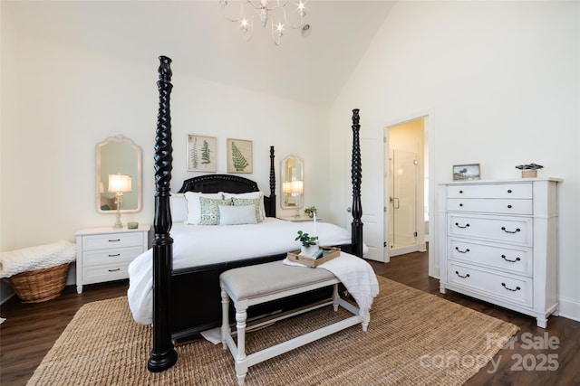 416 Yorkfield Dr, Shelby, NC 28150 - bedroom featuring a chandelier, dark wood-type flooring, and high vaulted ceiling