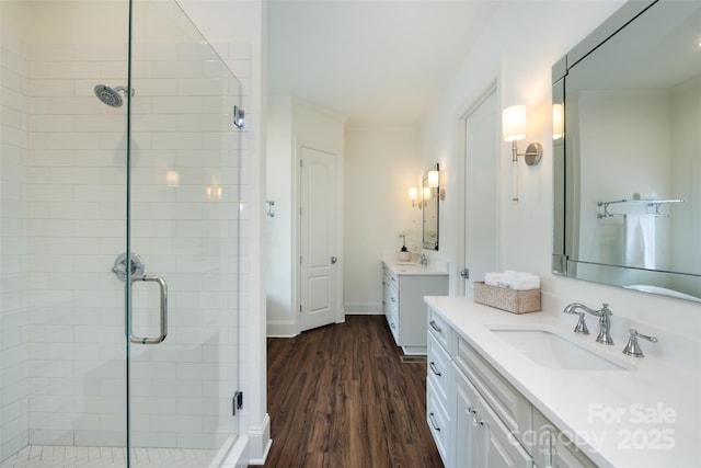 416 Yorkfield Dr, Shelby, NC 28150 - full bath with a stall shower, two vanities, wood finished floors, and ornamental molding