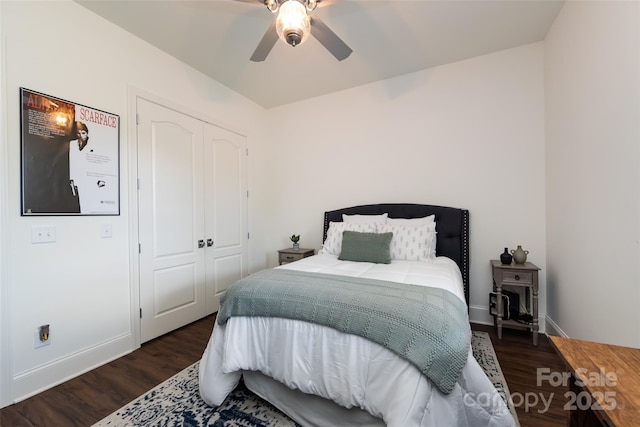416 Yorkfield Dr, Shelby, NC 28150 - bedroom with dark wood finished floors, a closet, and ceiling fan