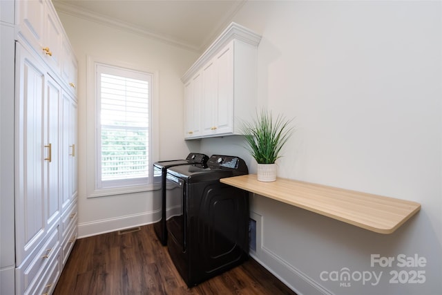416 Yorkfield Dr, Shelby, NC 28150 - laundry area with ornamental molding, cabinet space, dark wood-style floors, independent washer and dryer, and an office area