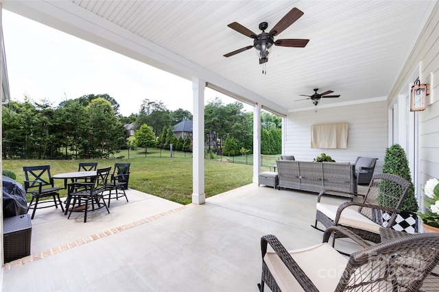 416 Yorkfield Dr, Shelby, NC 28150 - fenced backyard featuring an outdoor hangout area, outdoor dining area, a patio, and ceiling fan