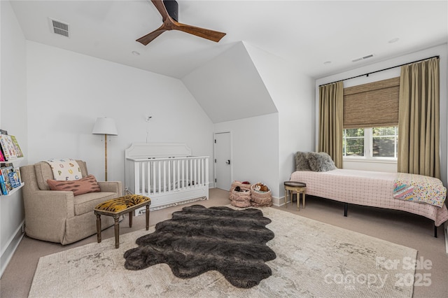 1401 Heather Ln, Charlotte, NC 28209 - bedroom with carpet flooring, ceiling fan, and lofted ceiling
