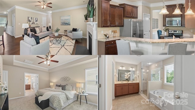 10806 Cove Point Dr, Charlotte, NC 28278 - bedroom featuring stainless steel fridge, crown molding, a fireplace, ensuite bath, and light wood finished floors