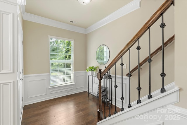 10806 Cove Point Dr, Charlotte, NC 28278 - foyer featuring wood-type flooring, stairs, wainscoting, ornamental molding, and a decorative wall