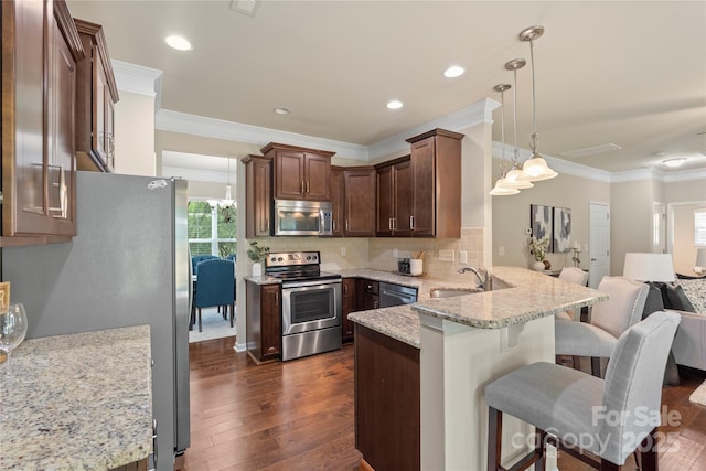 10806 Cove Point Dr, Charlotte, NC 28278 - kitchen with appliances with stainless steel finishes, open floor plan, a peninsula, healthy amount of natural light, and crown molding