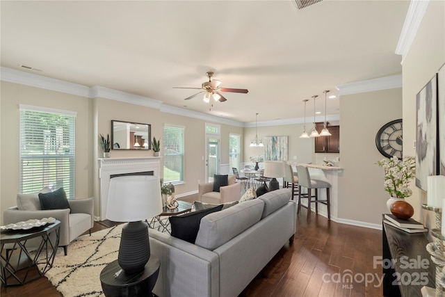 10806 Cove Point Dr, Charlotte, NC 28278 - living area with a ceiling fan, a fireplace, dark wood-style flooring, plenty of natural light, and crown molding