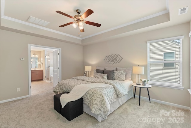 10806 Cove Point Dr, Charlotte, NC 28278 - bedroom with ornamental molding, light colored carpet, ensuite bath, and ceiling fan