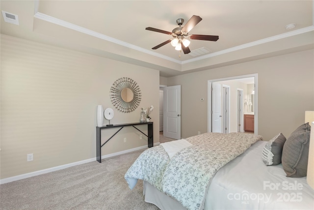 10806 Cove Point Dr, Charlotte, NC 28278 - bedroom featuring crown molding, light carpet, a raised ceiling, and ceiling fan