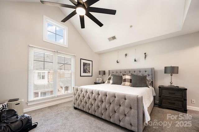 4937 S Hill View Dr, Charlotte, NC 28210 - bedroom with carpet flooring, high vaulted ceiling, and ceiling fan