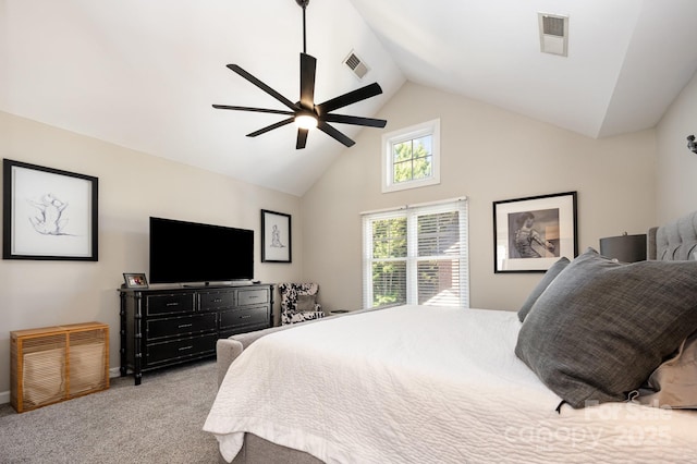 4937 S Hill View Dr, Charlotte, NC 28210 - carpeted bedroom featuring high vaulted ceiling and a ceiling fan