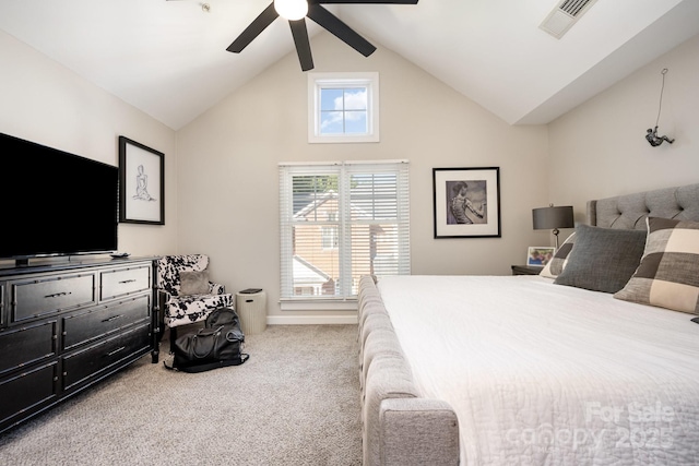 4937 S Hill View Dr, Charlotte, NC 28210 - bedroom with carpet flooring, multiple windows, high vaulted ceiling, and ceiling fan