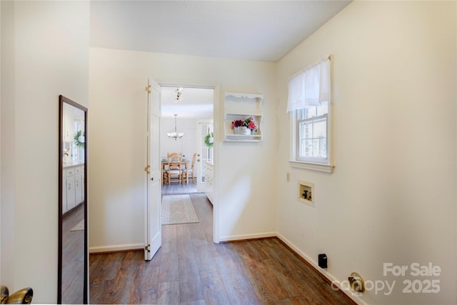 1828 Independence Sq, Kannapolis, NC 28081 - laundry area with hookup for a washing machine, plenty of natural light, wood finished floors, and a chandelier