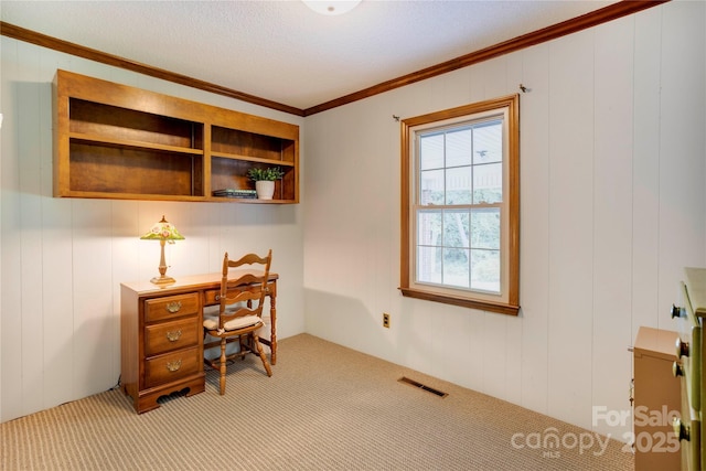1828 Independence Sq, Kannapolis, NC 28081 - office area with light carpet, crown molding, built in study area, wood walls, and a textured ceiling