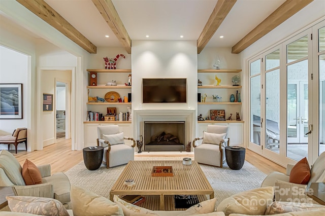 2632 Bartram Pl, Winston Salem, NC 27106 - living area featuring beam ceiling, light wood-style flooring, a fireplace, recessed lighting, and built in features