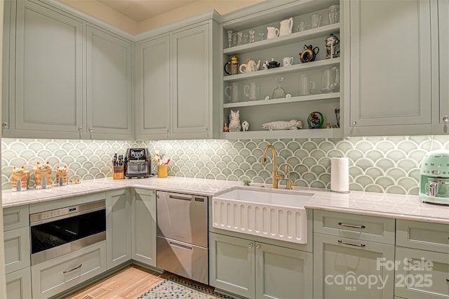2632 Bartram Pl, Winston Salem, NC 27106 - kitchen with open shelves, backsplash, dishwasher, light wood-style floors, and oven