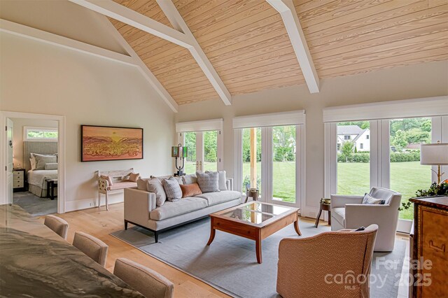 2632 Bartram Pl, Winston Salem, NC 27106 - living area with a wooden ceiling with exposed beams, light wood-style floors, and high vaulted ceiling