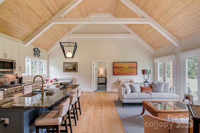 2632 Bartram Pl, Winston Salem, NC 27106 - living room with a wooden ceiling with exposed beams, light wood-style flooring, and high vaulted ceiling