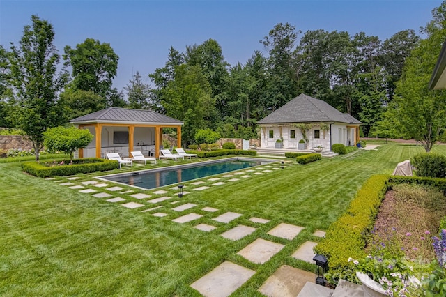 2632 Bartram Pl, Winston Salem, NC 27106 - swimming pool featuring an outdoor structure, a yard, a patio, an exterior structure, and a gazebo
