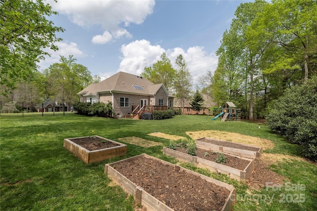 233 Highland Forest Dr, Clover, SC 29710 - view of yard featuring a garden, a playground, and a wooden deck