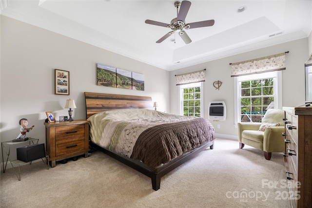 233 Highland Forest Dr, Clover, SC 29710 - bedroom with crown molding, a raised ceiling, carpet, heating unit, and ceiling fan