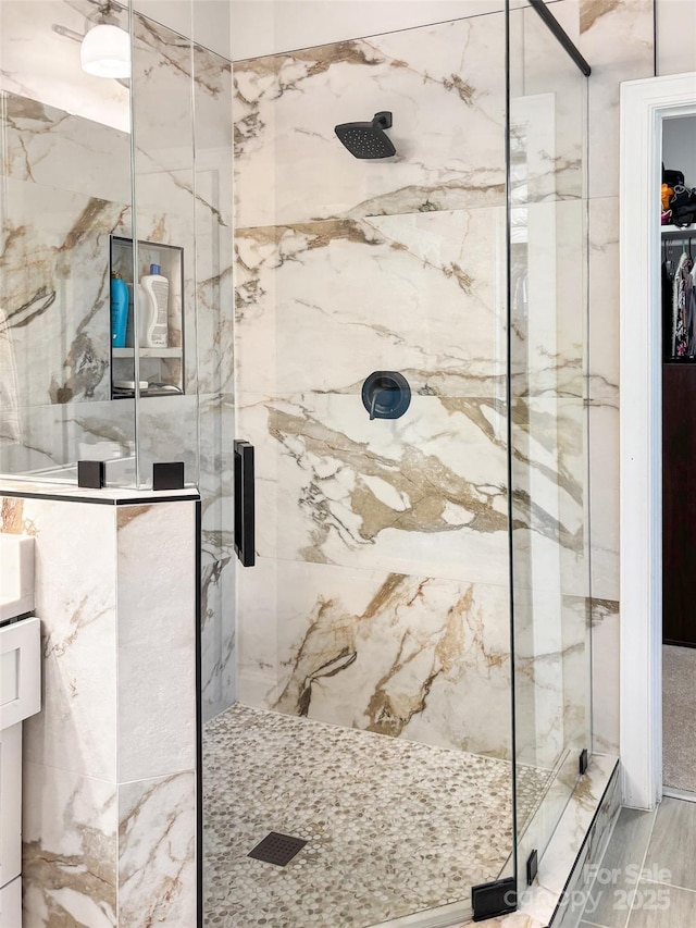 233 Highland Forest Dr, Clover, SC 29710 - bathroom with a marble finish shower and a spacious closet