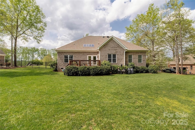 233 Highland Forest Dr, Clover, SC 29710 - view of front of property with brick siding, a wooden deck, french doors, and a shingled roof