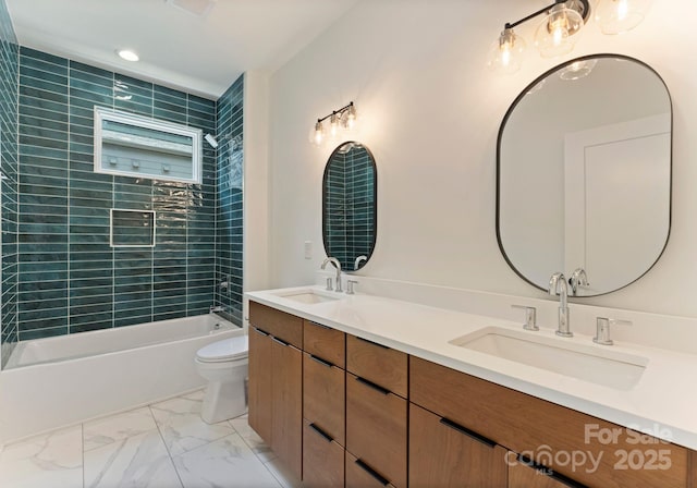 1727 Seifert Cir, Charlotte, NC 28205 - bathroom with double vanity, marble finish floors, washtub / shower combination, and recessed lighting