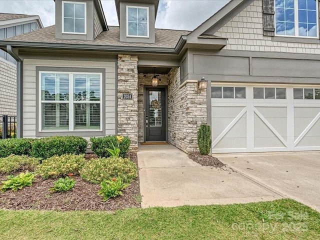 2034 Laney Pond Rd, Matthews, NC 28104 - property entrance featuring stone siding, a shingled roof, and concrete driveway