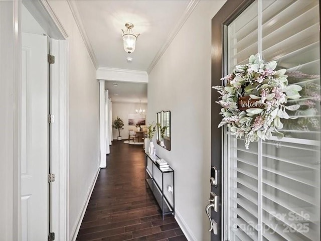 2034 Laney Pond Rd, Matthews, NC 28104 - hall with dark wood-style floors, crown molding, and a chandelier