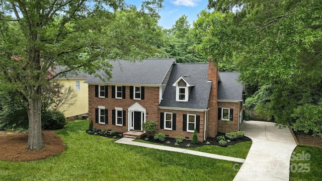 6542 Cross Field Ln, Charlotte, NC 28226 - view of front of property featuring concrete driveway, crawl space, a shingled roof, brick siding, and a chimney