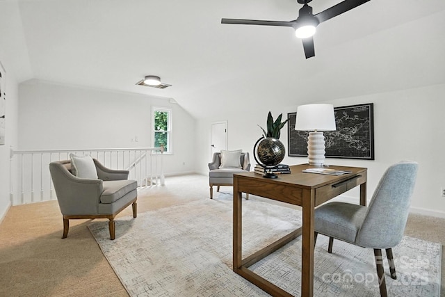 6542 Cross Field Ln, Charlotte, NC 28226 - office featuring light colored carpet, lofted ceiling, and ceiling fan