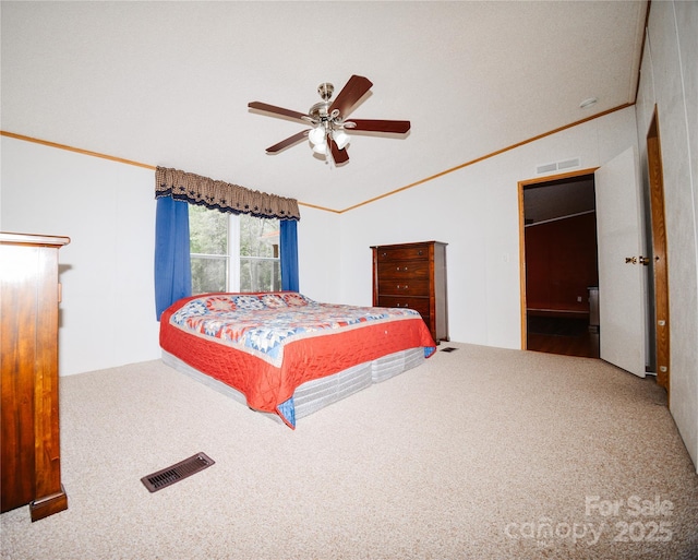 8221 Feather Run Rd, Kershaw, SC 29067 - carpeted bedroom featuring lofted ceiling, a ceiling fan, and crown molding