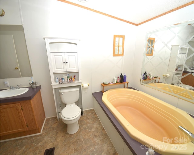 8221 Feather Run Rd, Kershaw, SC 29067 - full bath with a garden tub, vanity, stone finish flooring, and crown molding