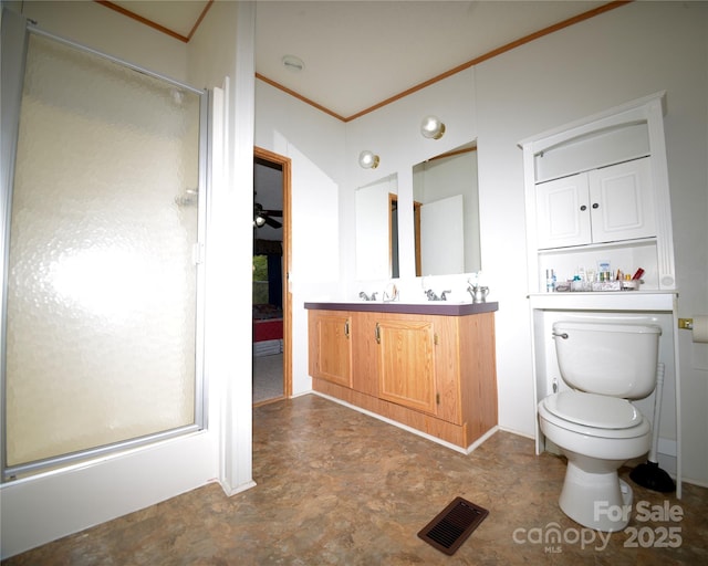 8221 Feather Run Rd, Kershaw, SC 29067 - full bathroom featuring a stall shower, vanity, crown molding, and tile patterned floors